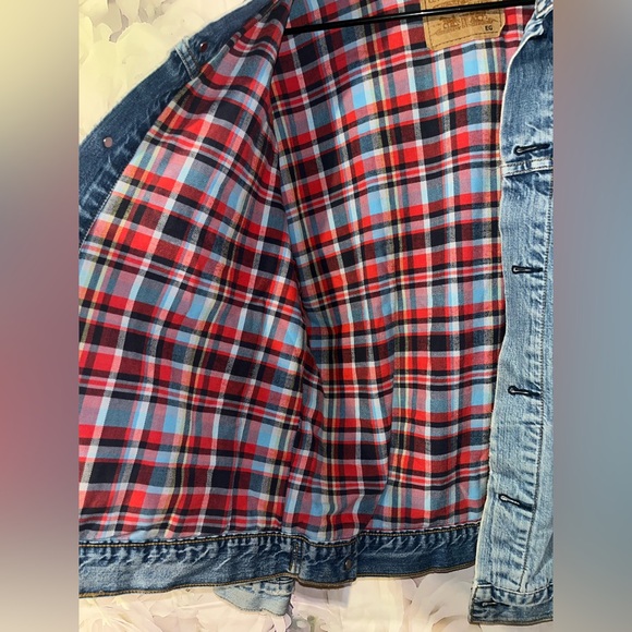 Vintage Levi’s 80s/90s Flannel Plaid Lined Denim Trucker Jacket Size Large - Picture 4 of 8